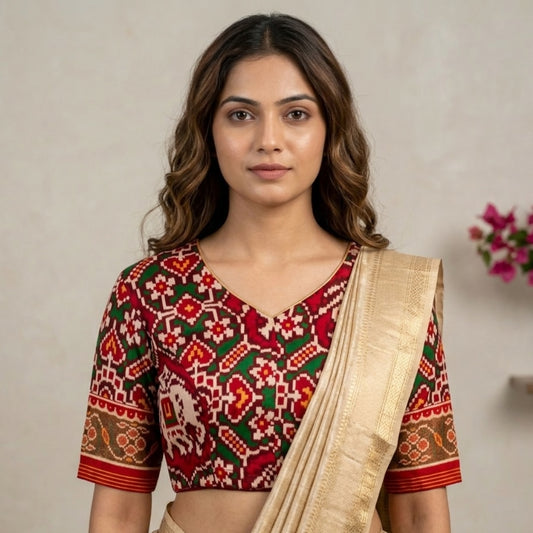 Maroon Green Navratan Design Patola Readymade Blouse | Godhuli