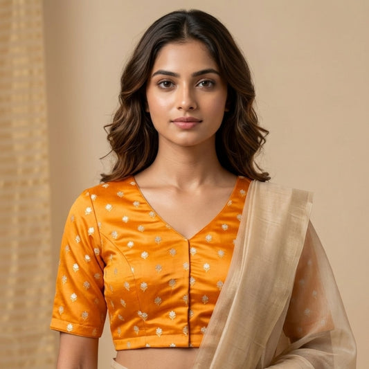 Mango Yellow Zari Floral Motif Satin Silk Brocade Readymade Blouse | Godhuli