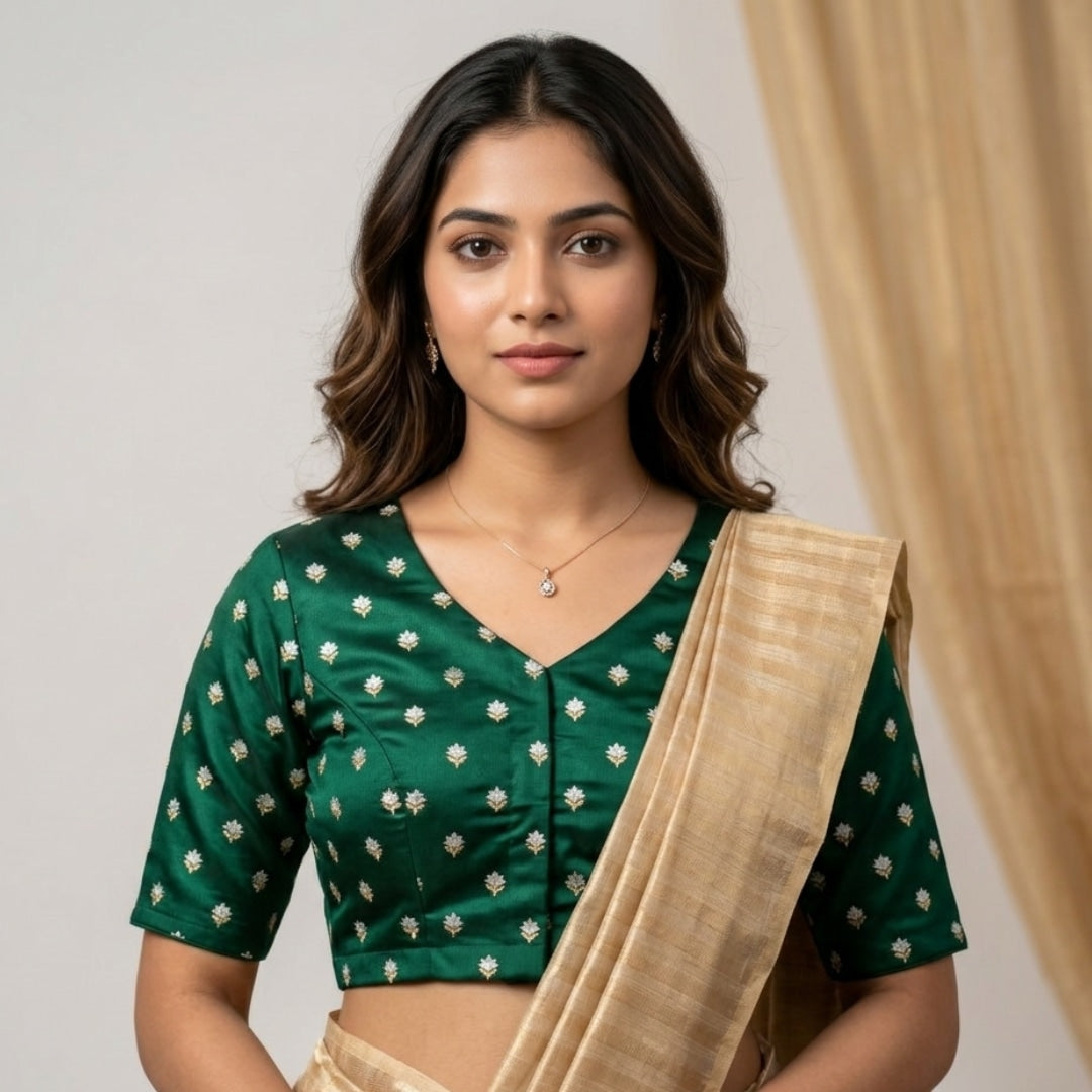 Bottle Green Zari Floral Motif Satin Silk Brocade Readymade Blouse | Godhuli