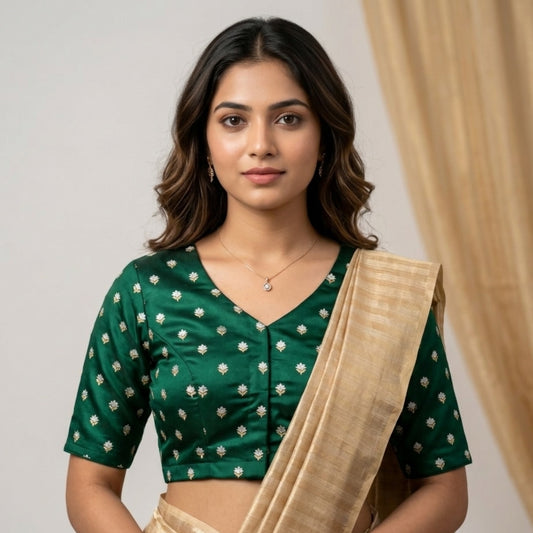 Bottle Green Zari Floral Motif Satin Silk Brocade Readymade Blouse | Godhuli