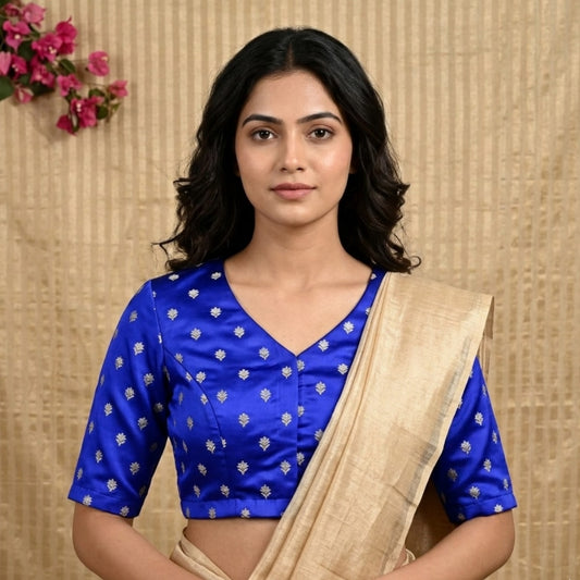 Royal Blue Zari Floral Motif Satin Silk Brocade Readymade Blouse | Godhuli