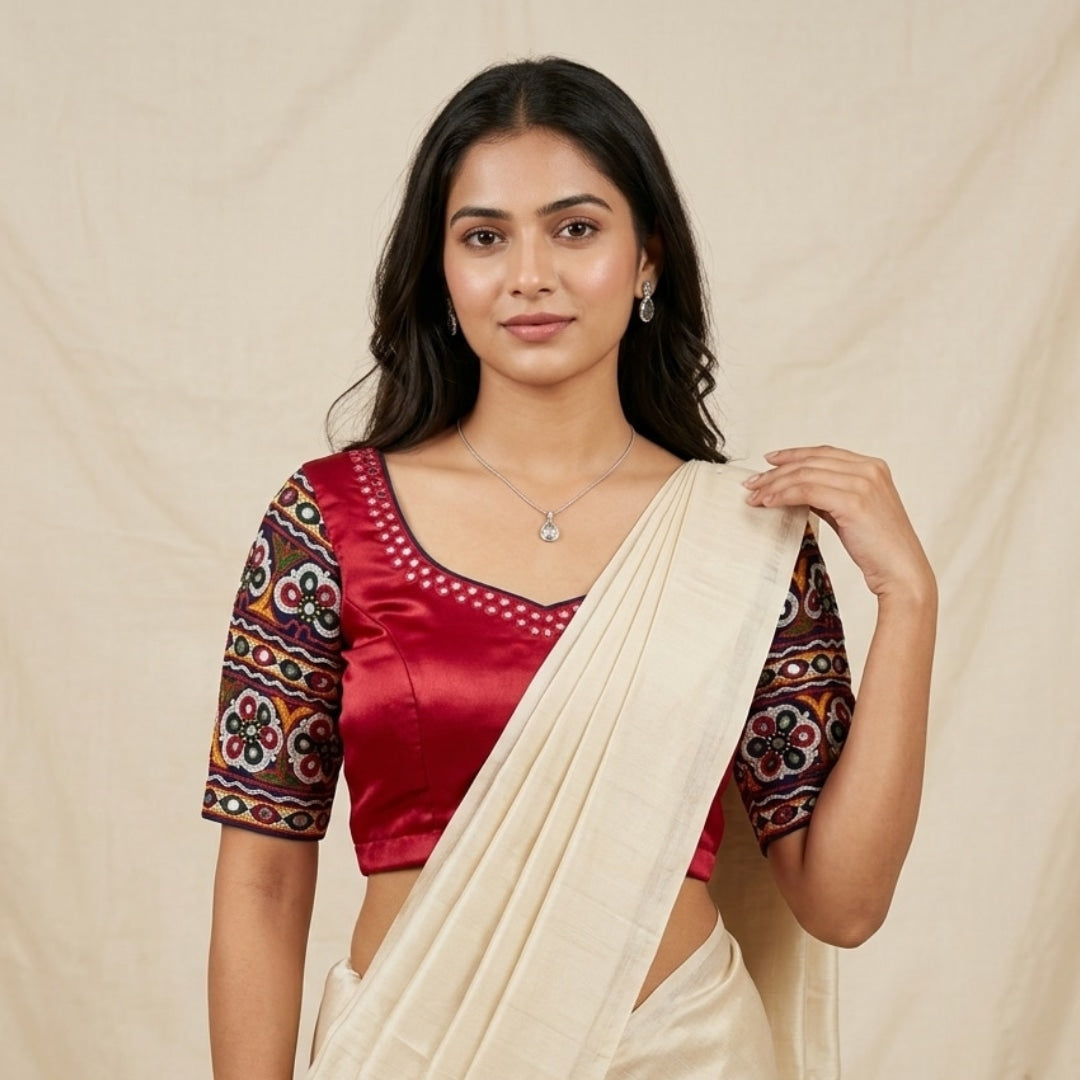 Rani Gaji Mirror work Readymade Blouse with Royal blue Kutchi Work Sleeves | Godhuli