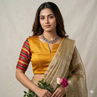 Mustard Dani Gaji Readymade Blouse with Red Multicolored Sleeves | Godhuli