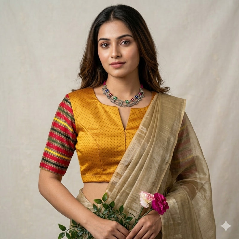 Mustard Dani Gaji Readymade Blouse with Red Multicolored Sleeves | Godhuli