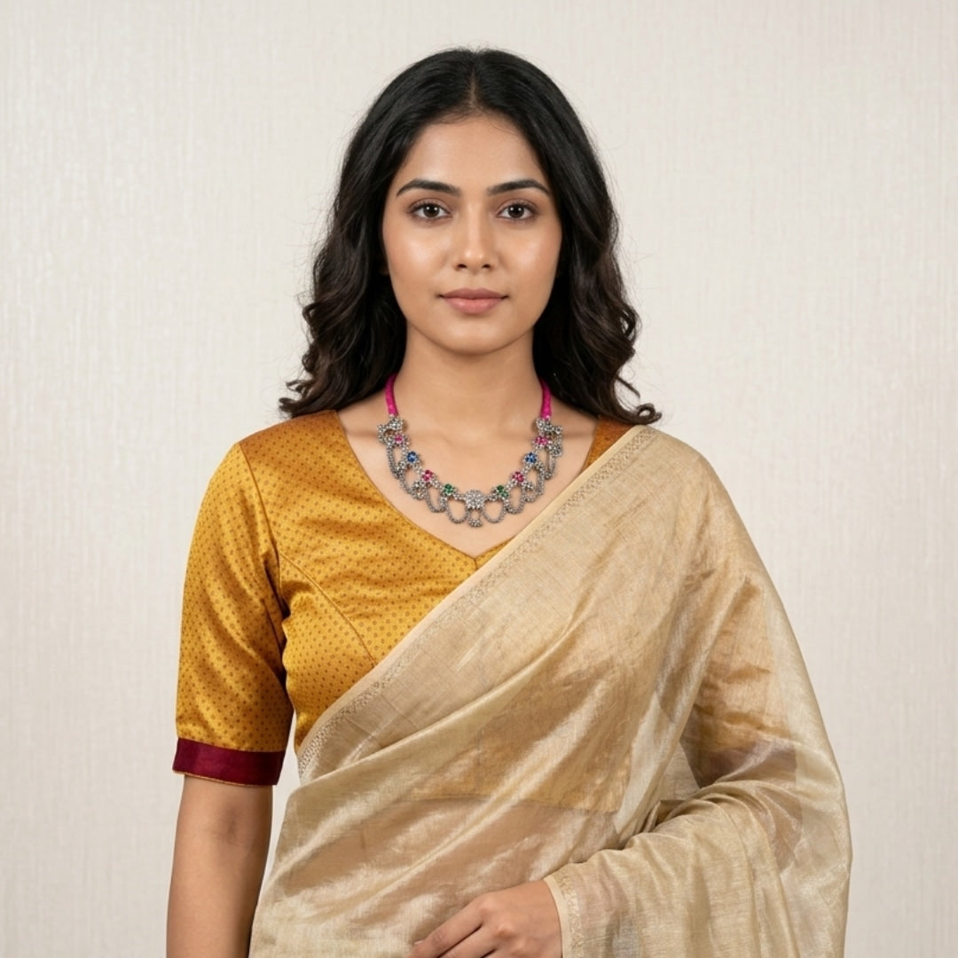 Mustard Dani Gaji Readymade Blouse With Maroon Broder| Godhuli