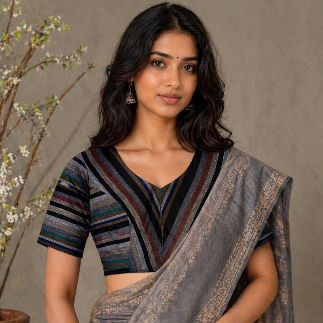 Multicolored Black slub Readymade Blouse with Stripes | Godhuli