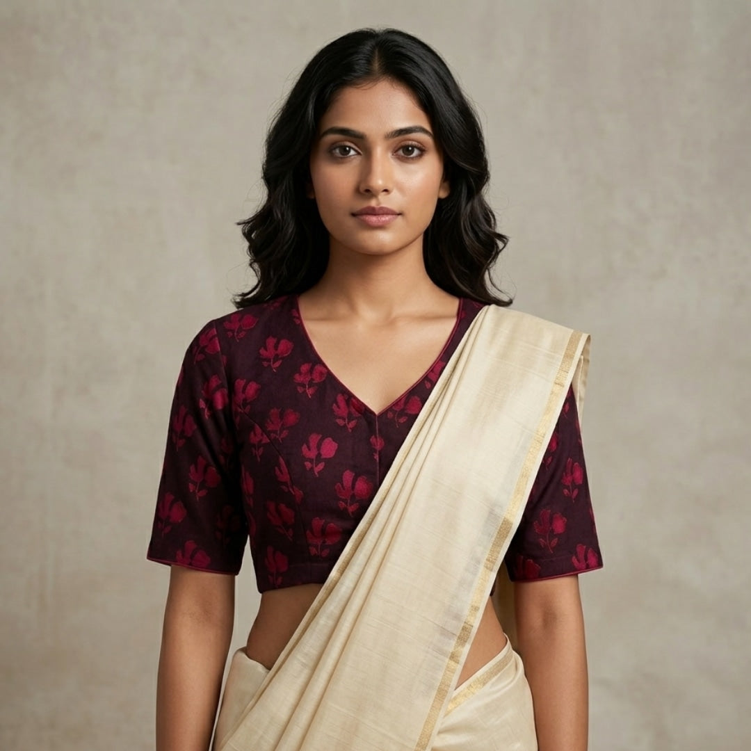 Brown Maroon Akola Print Readymade Blouse | Godhuli