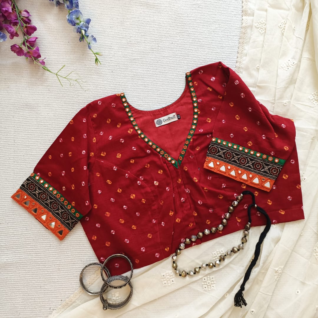 Vermillion Red Bandhani Readymade Blouse with Mirror Work | Godhuli
