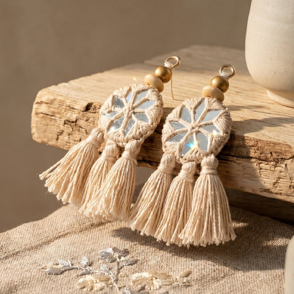 Buy Beige Handmade Mirrorwork Tassels | Godhuli