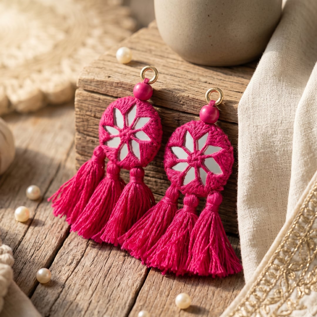 Buy Rani Pink Handmade Mirrorwork Tassels | Godhuli