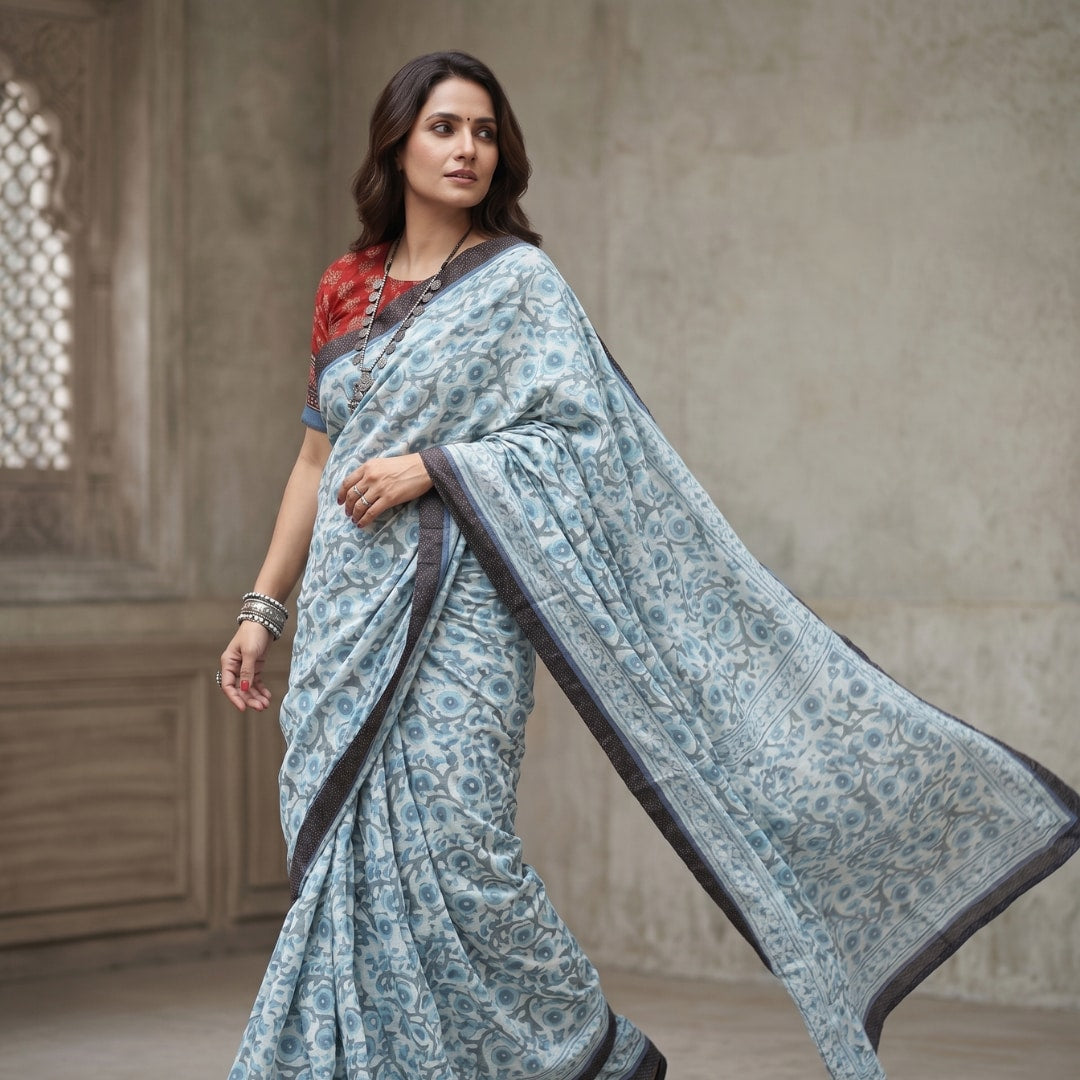 Buy Dabu Indigo Patchwork Saree | Godhuli