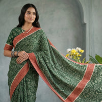 Buy Green Warli Hand Block Print Mulmul Saree | Godhuli