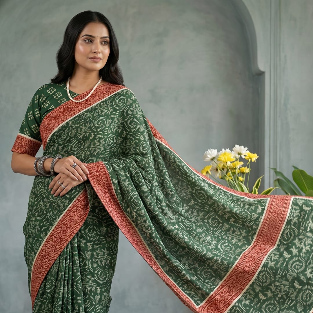 Buy Green Warli Hand Block Print Mulmul Saree | Godhuli