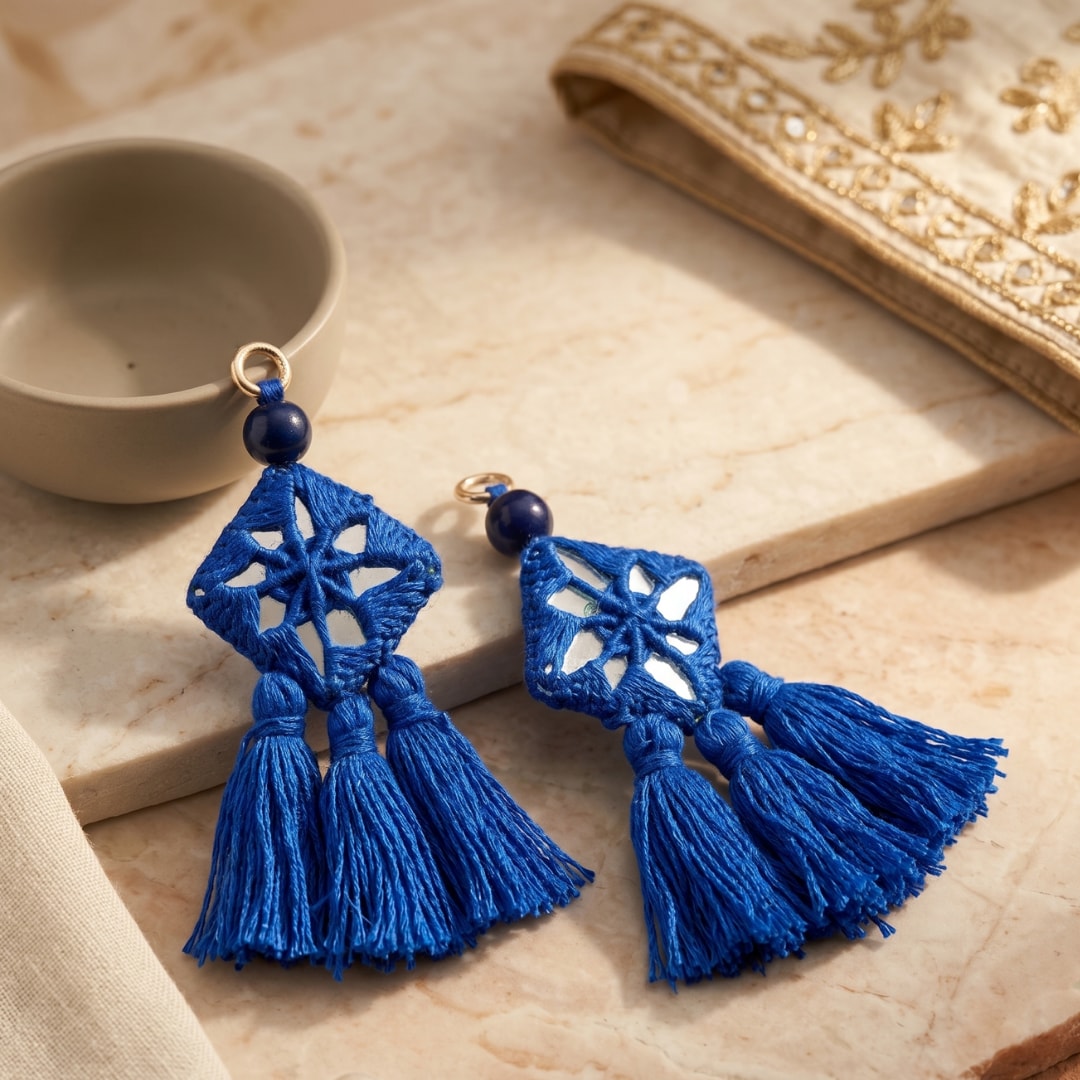 Buy Ink Blue Handmade Mirrorwork Tassels | Godhuli