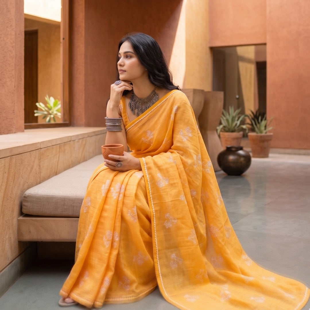 Buy Apricot Yellow Embroidered Linen Saree | Godhuli