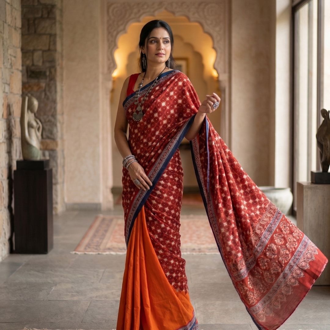 Buy Orange Half and Half saree with Printed Pallu | Godhuli