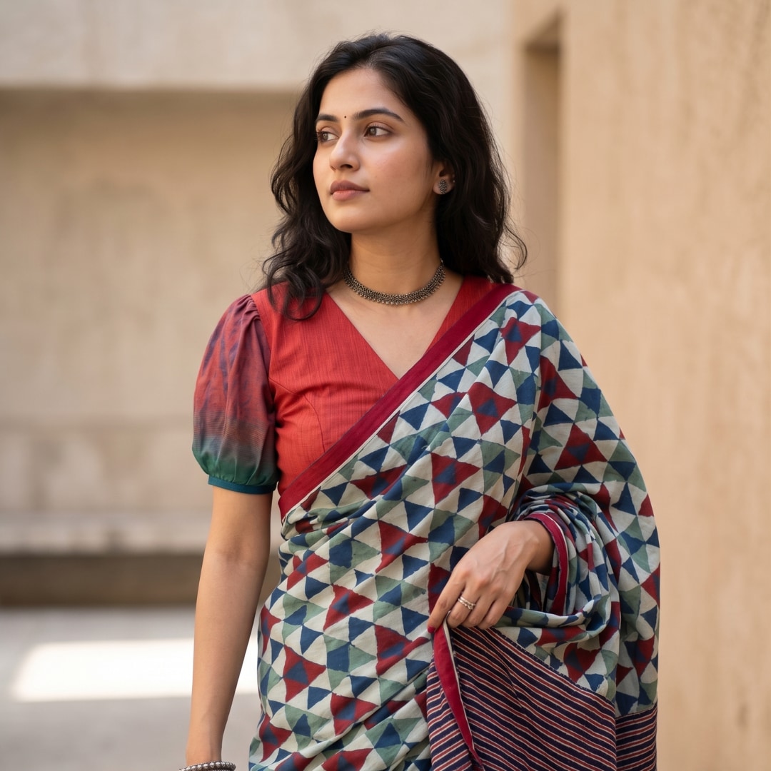 Buy Geometric Print Ajrakh Saree with Striped Pallu | Godhuli