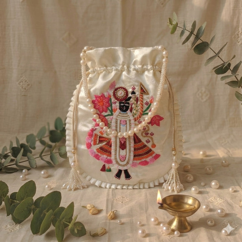 Buy Ivory Colour Shreenathji Potli Bag | Godhuli