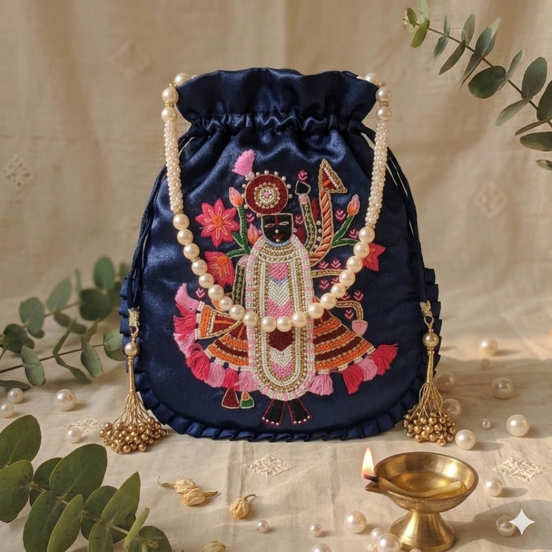 Buy Navy Blue Colour Shreenathji Potli Bag | Godhuli