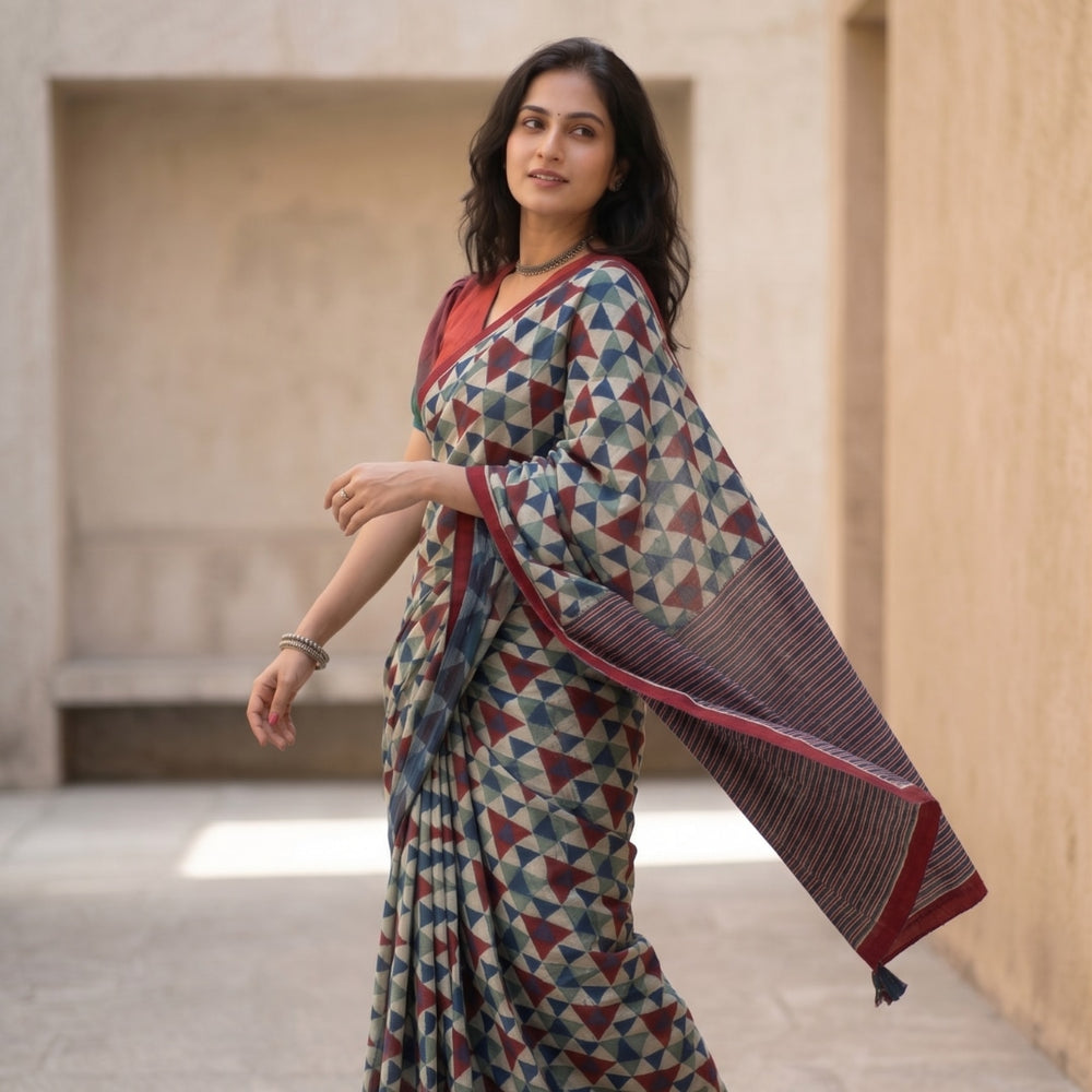 Buy Geometric Print Ajrakh Saree with Striped Pallu | Godhuli