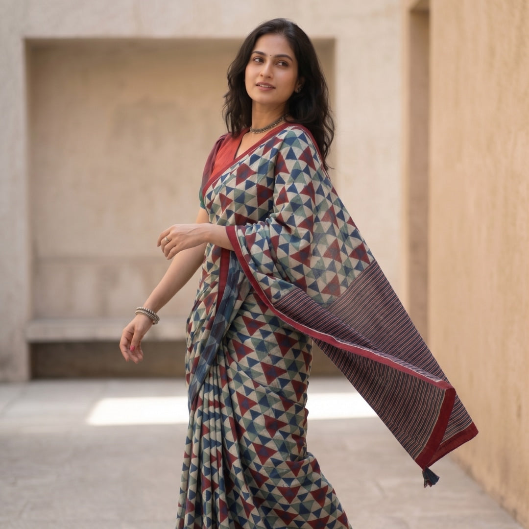 Buy Geometric Print Ajrakh Saree with Striped Pallu | Godhuli