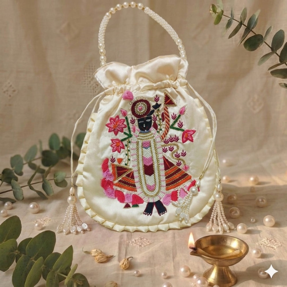 Buy Cream Peach Shreenathji Potli Bag | Godhuli