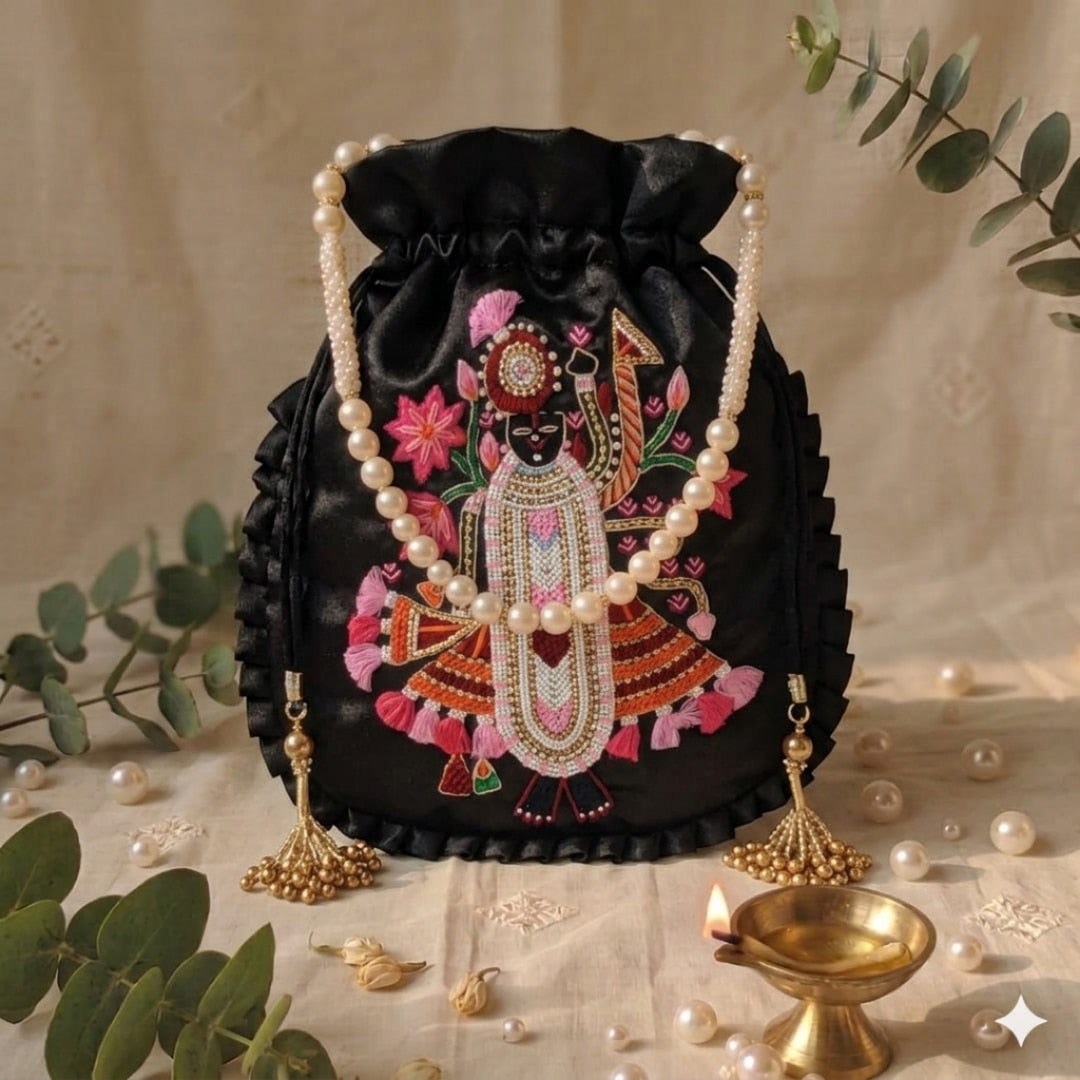 Buy Black Colour Shreenathji Potli Bag | Godhuli