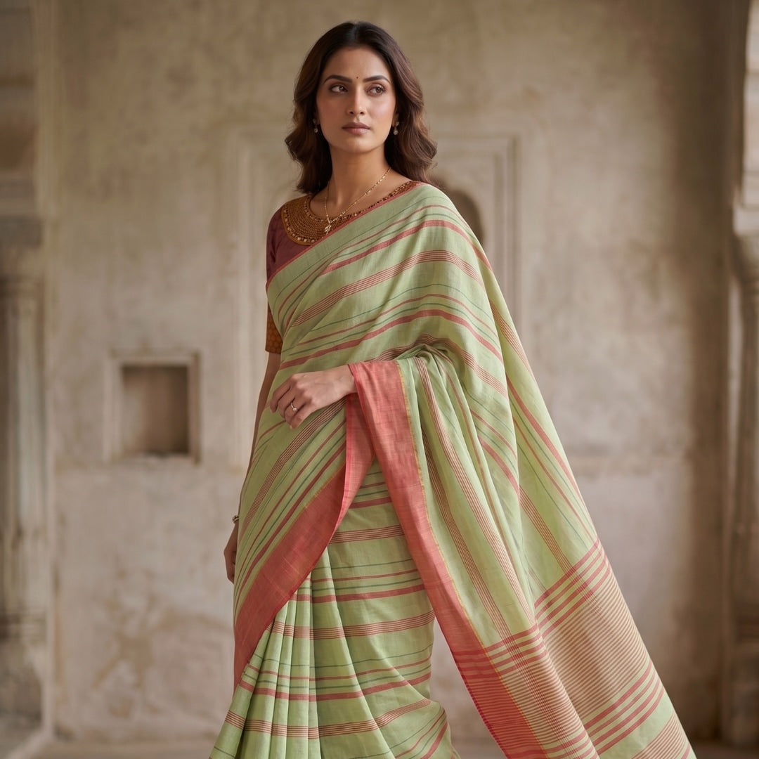 Buy Mint Green Saree with Coral Stripes | Godhuli
