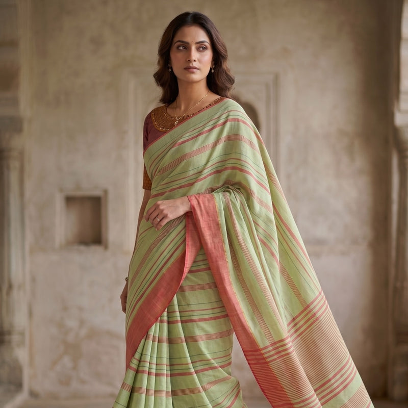 Buy Mint Green Saree with Coral Stripes | Godhuli