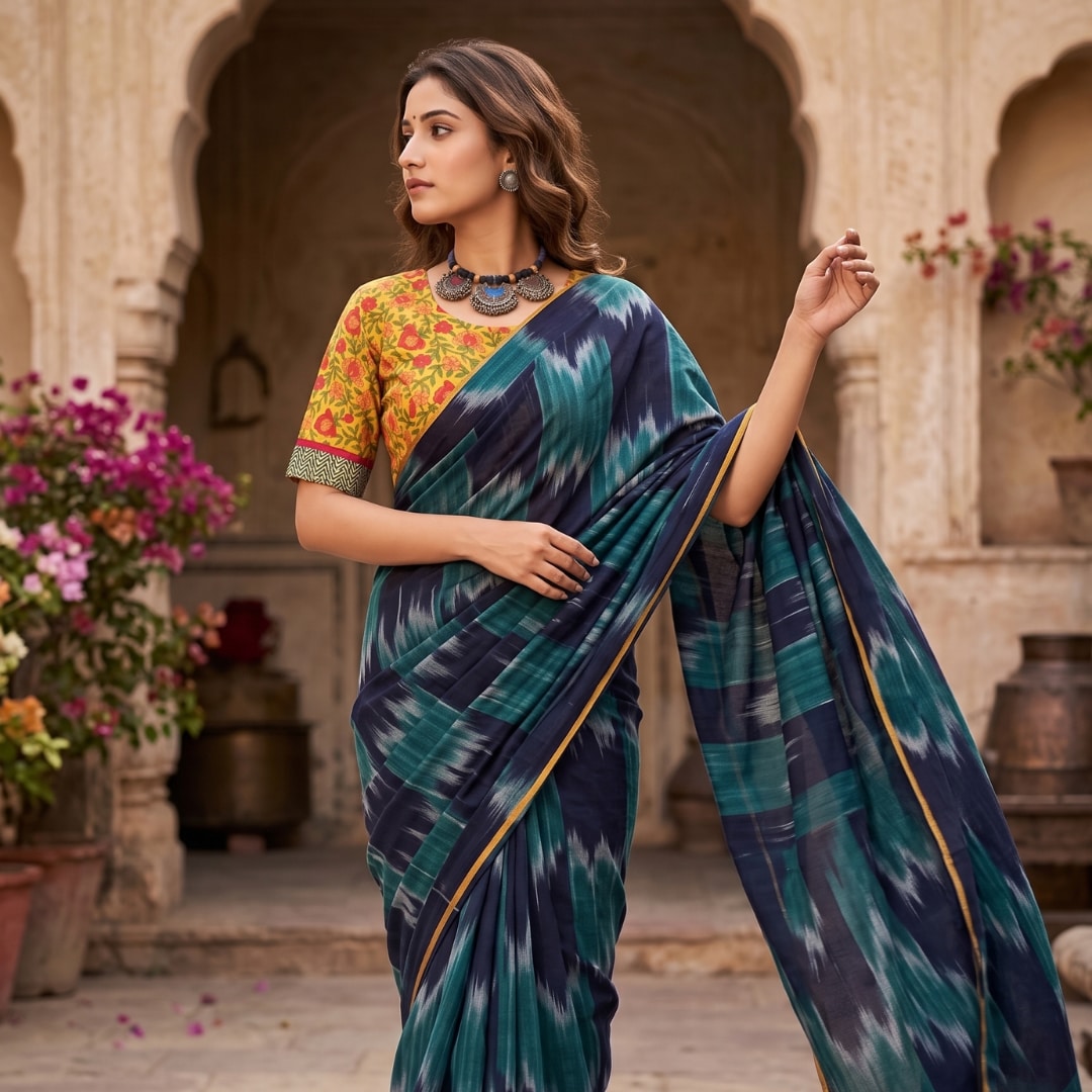Buy Navy Blue Sea Green Ikat Saree Floral Blouse Combo | Godhuli