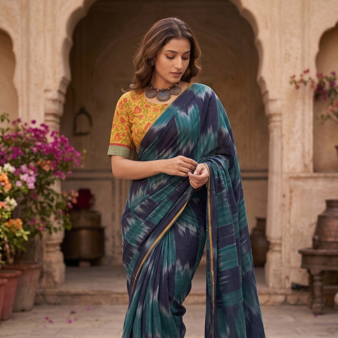 Buy Navy Blue Sea Green Ikat Saree Floral Blouse Combo | Godhuli