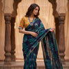 Buy Navy Blue Sea Green Ikat Saree Floral Blouse Combo | Godhuli