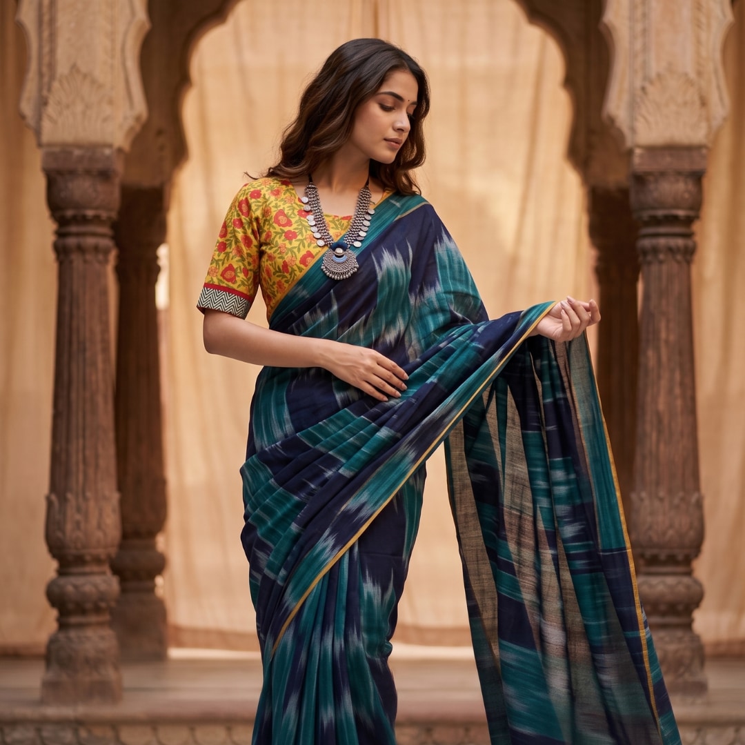 Buy Navy Blue Sea Green Ikat Saree Floral Blouse Combo | Godhuli