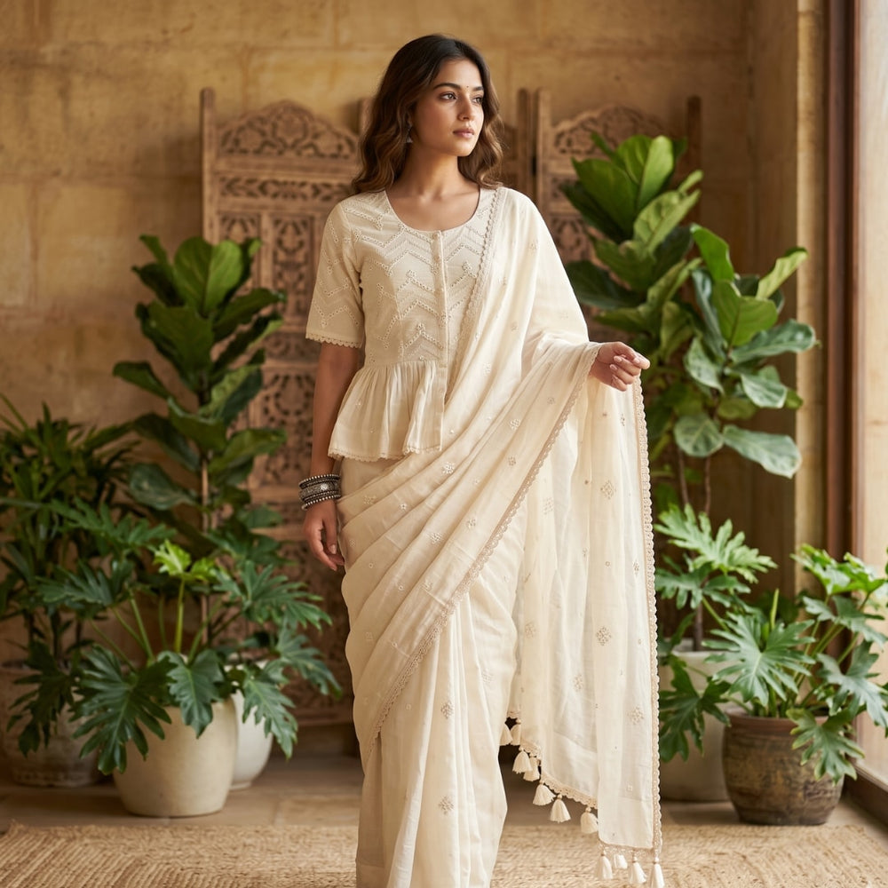 Buy Mulmul Ivory Faux Mirrorwork Saree Blouse Combo | Godhuli