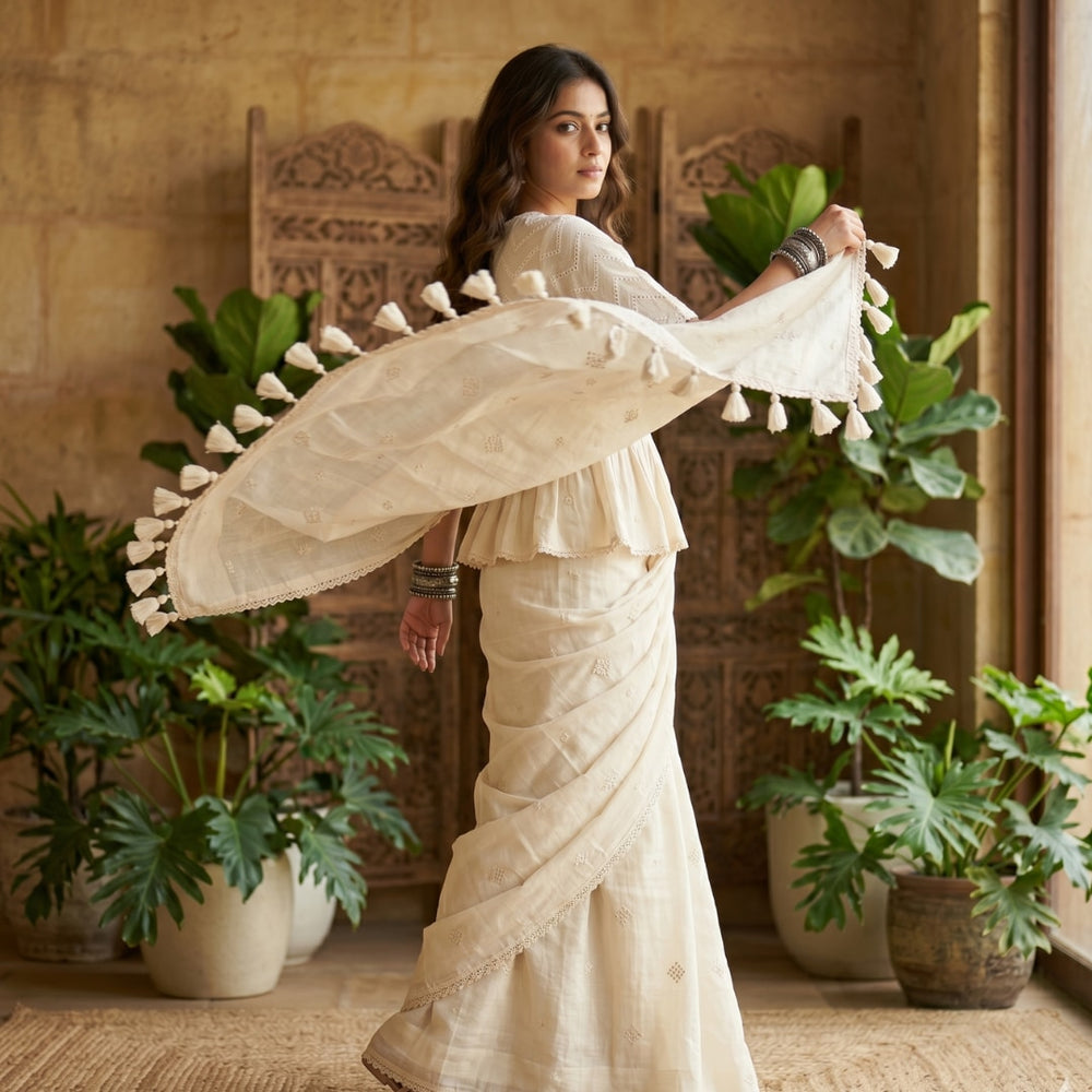 Buy Mulmul Ivory Faux Mirrorwork Saree Blouse Combo | Godhuli