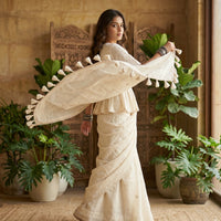 Buy Mulmul Ivory Faux Mirrorwork Saree Blouse Combo | Godhuli