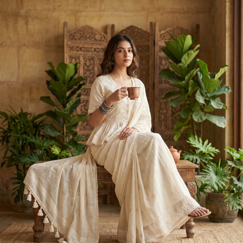 Buy Mulmul Ivory Faux Mirrorwork Saree Blouse Combo | Godhuli