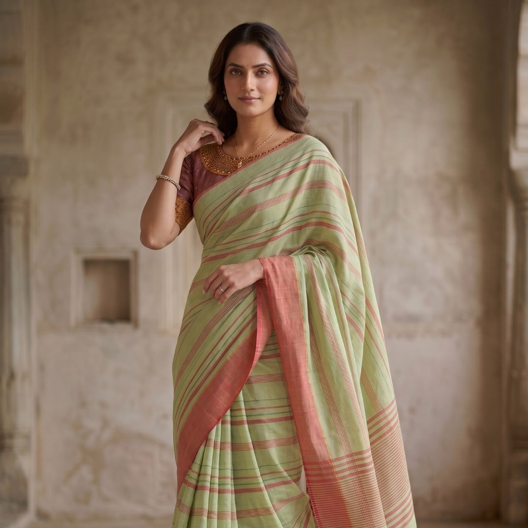 Buy Mint Green Saree with Coral Stripes | Godhuli