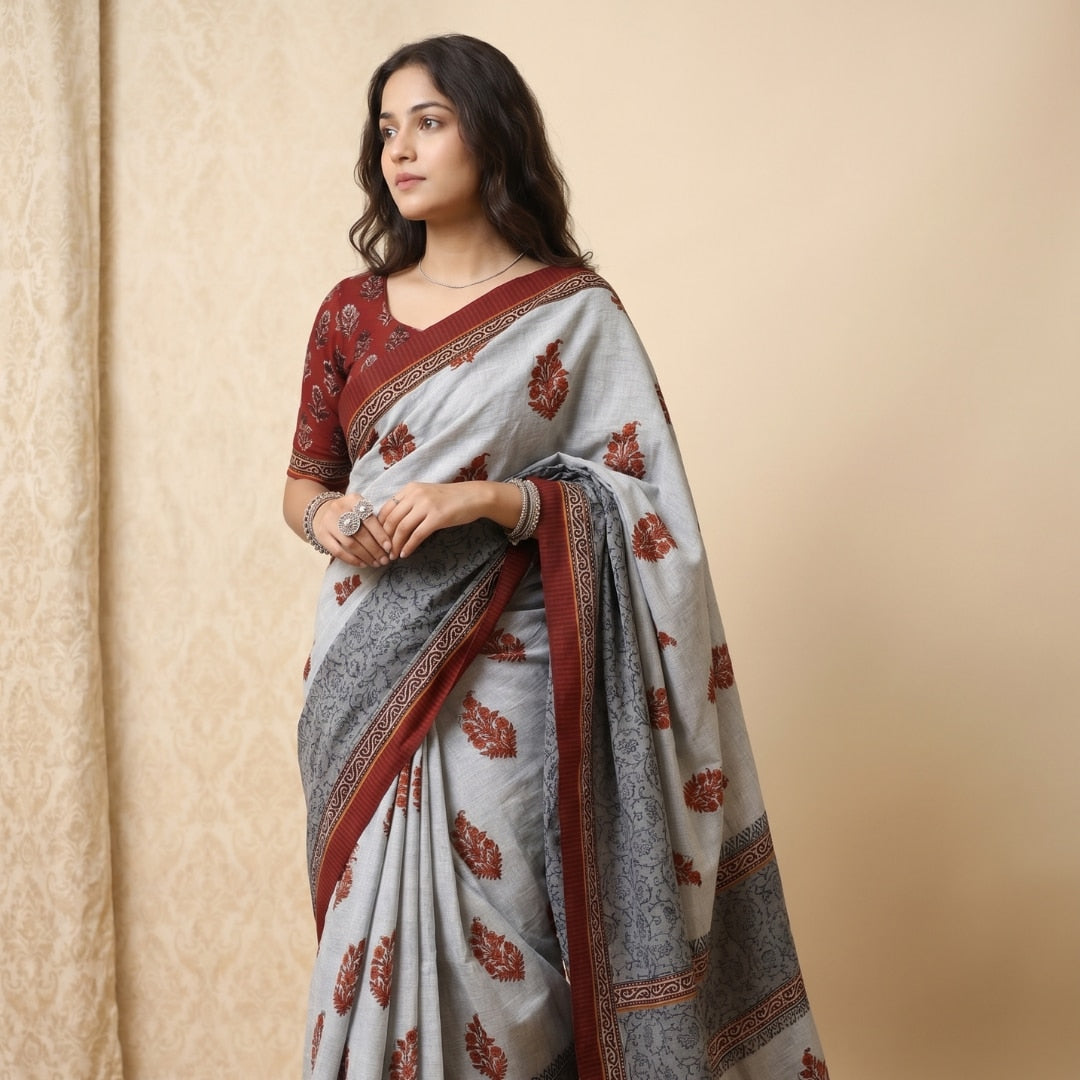 Buy Ash Grey Saree with Handblock Print | Godhuli
