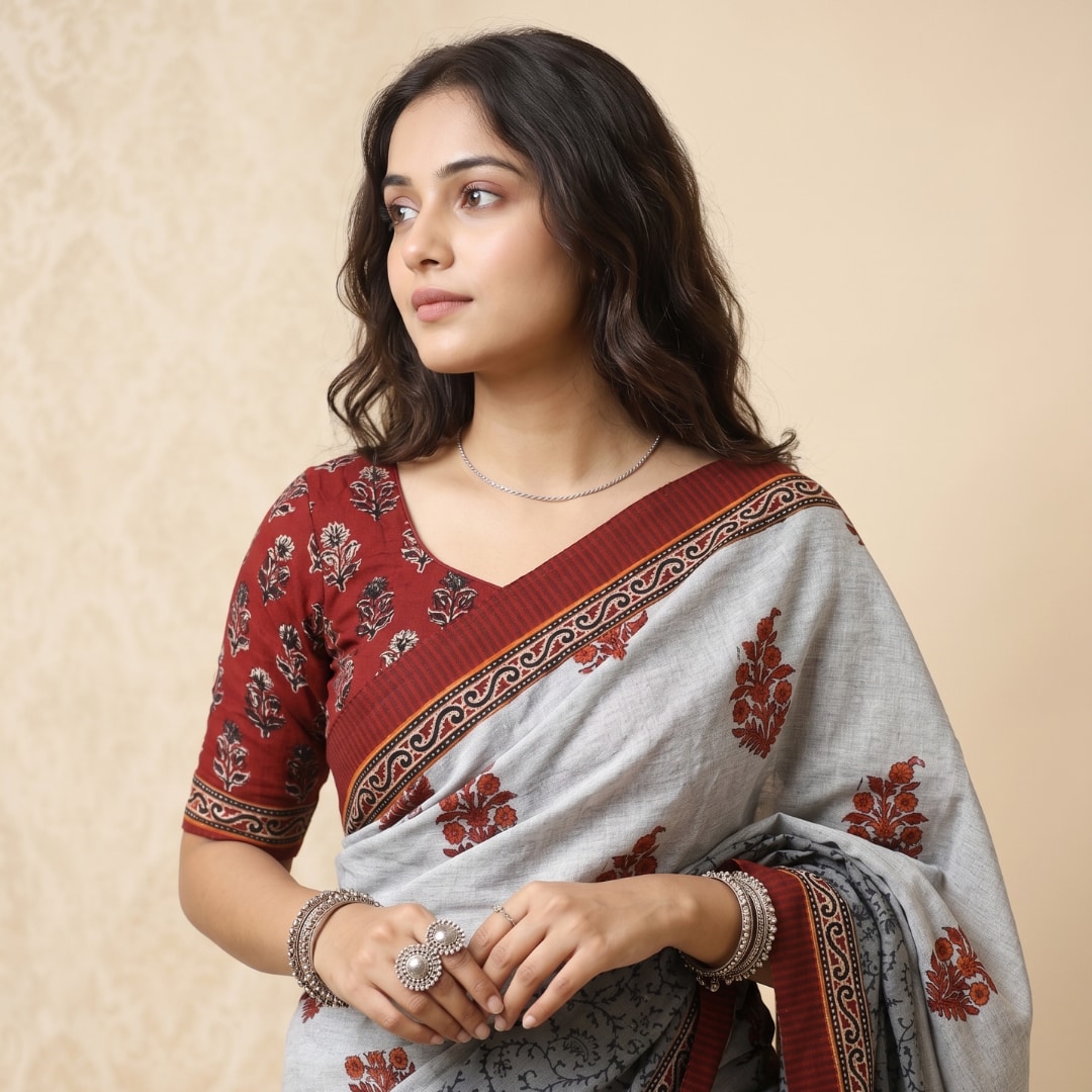 Buy Ash Grey Saree with Handblock Print | Godhuli