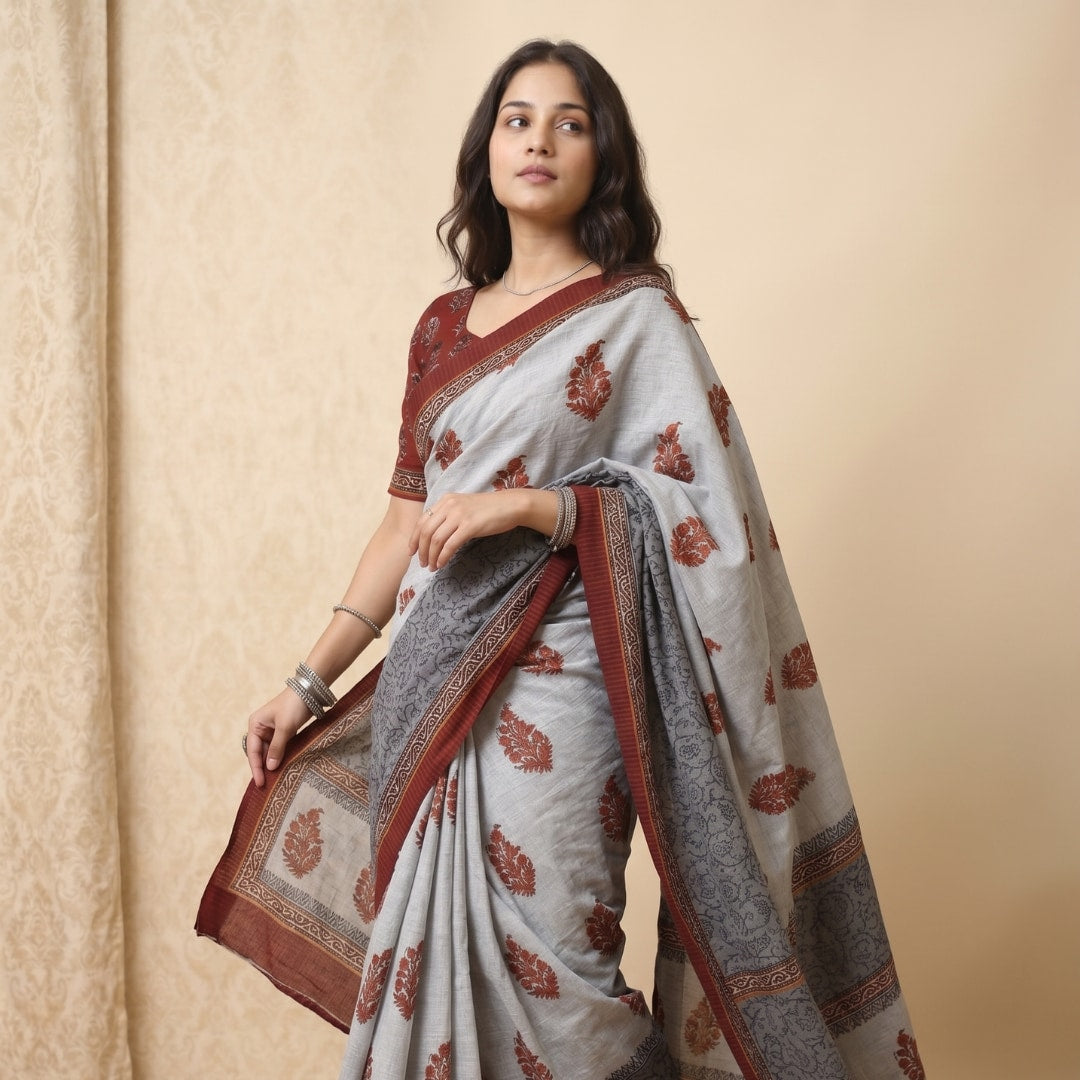 Buy Ash Grey Saree with Handblock Print | Godhuli