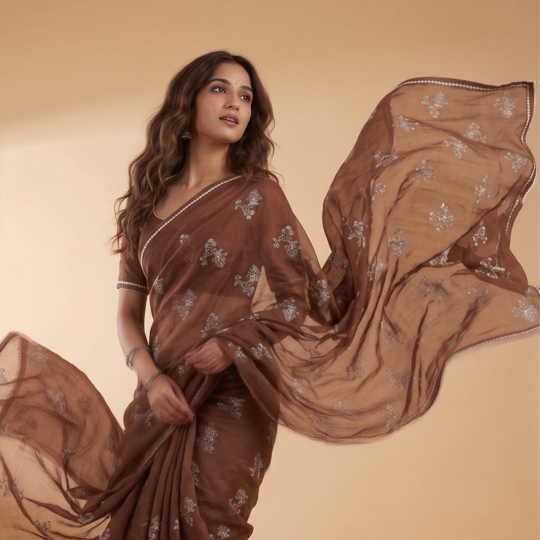 Buy Caramel Brown Embroidered Linen Saree | Godhuli