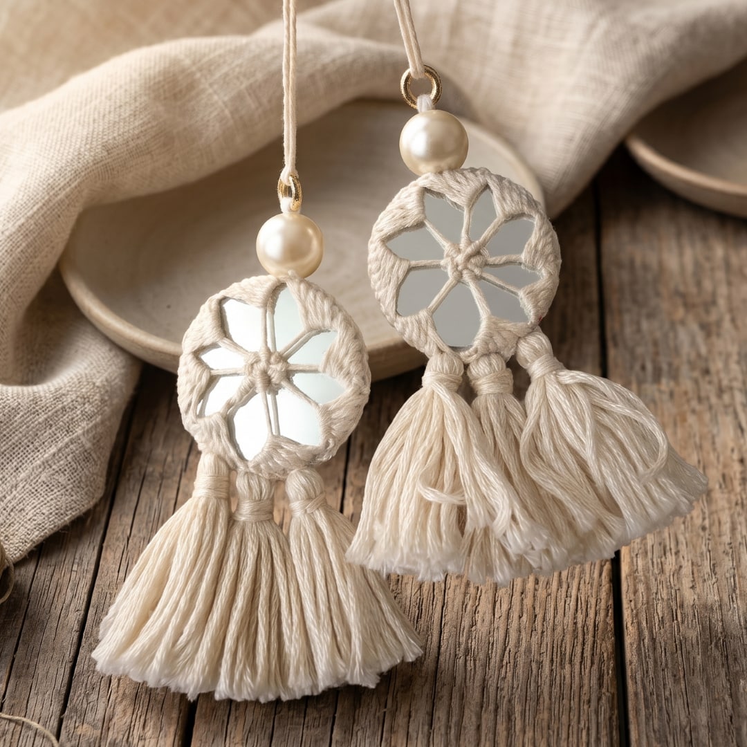 Buy Handmade Mirrorwork Ivory Tassels | Godhuli