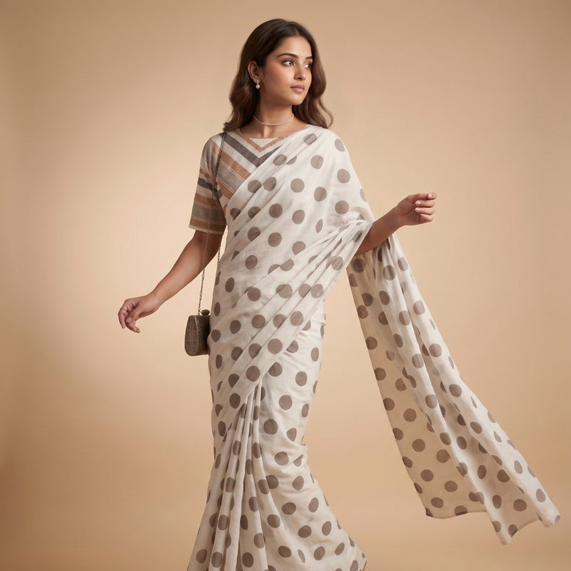 Buy Big Polka Dot Off-White Saree-Stripes Blouse Combo | Godhuli