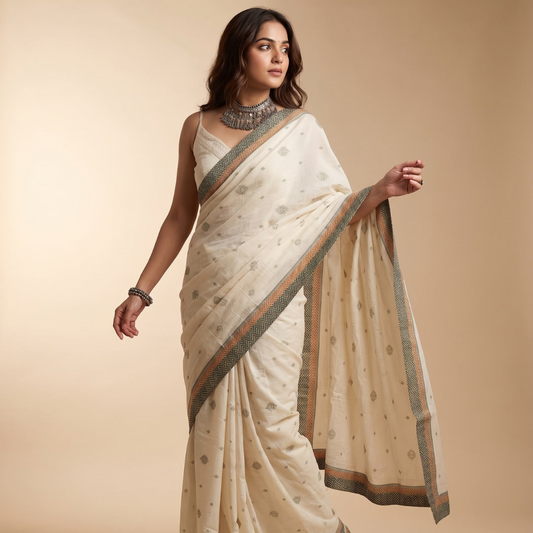 Buy Ivory Embroidered Saree with Patchwork | Godhuli