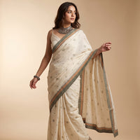 Buy Ivory Embroidered Saree with Patchwork | Godhuli