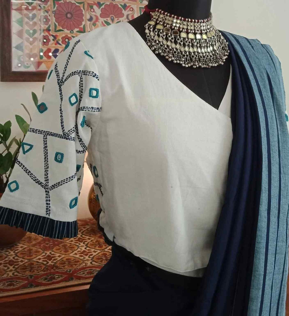 White Readymade Blouse with Kantha-Mirror Work | Godhuli