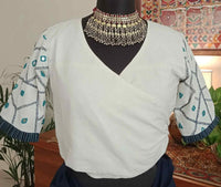 White Readymade Blouse with Kantha-Mirror Work | Godhuli