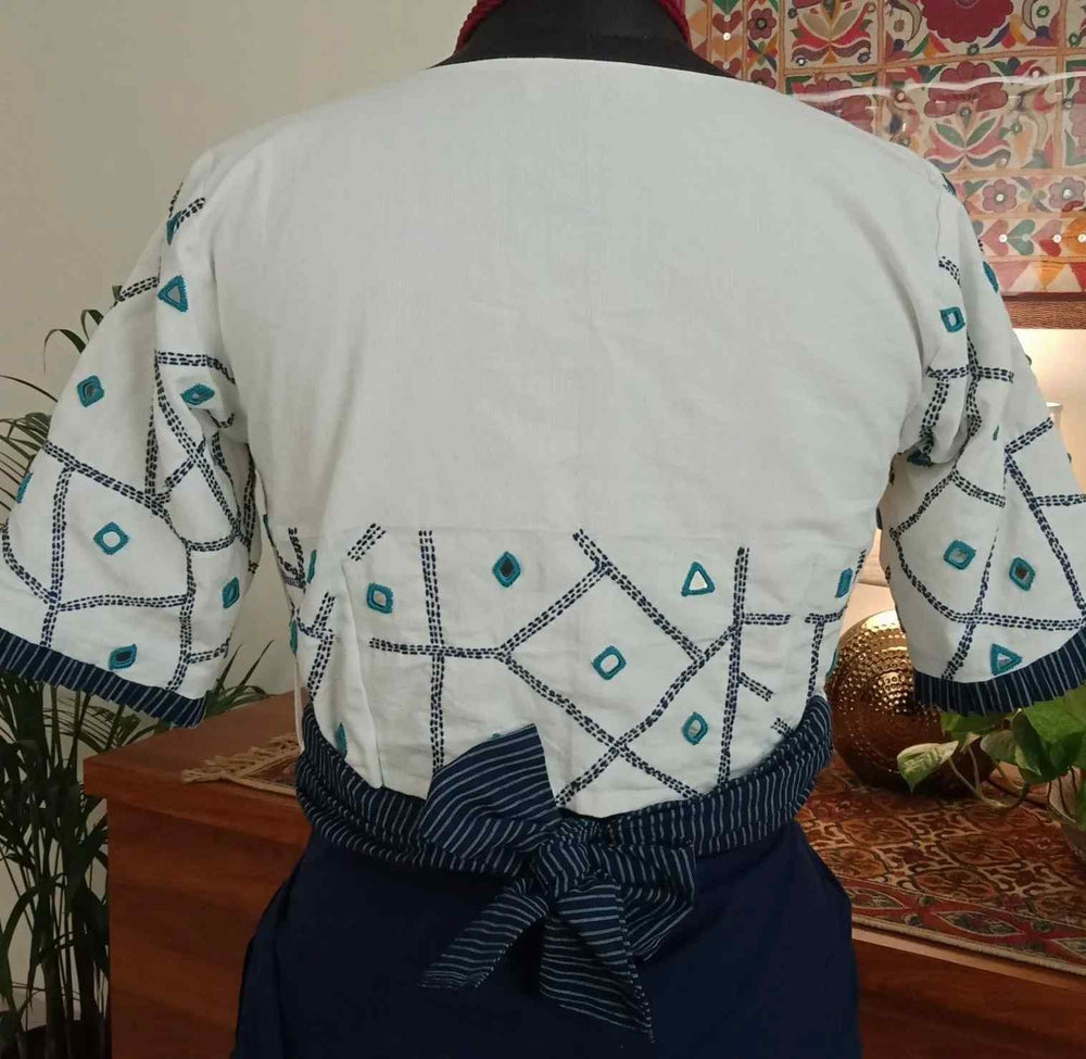 White Readymade Blouse with Kantha-Mirror Work | Godhuli