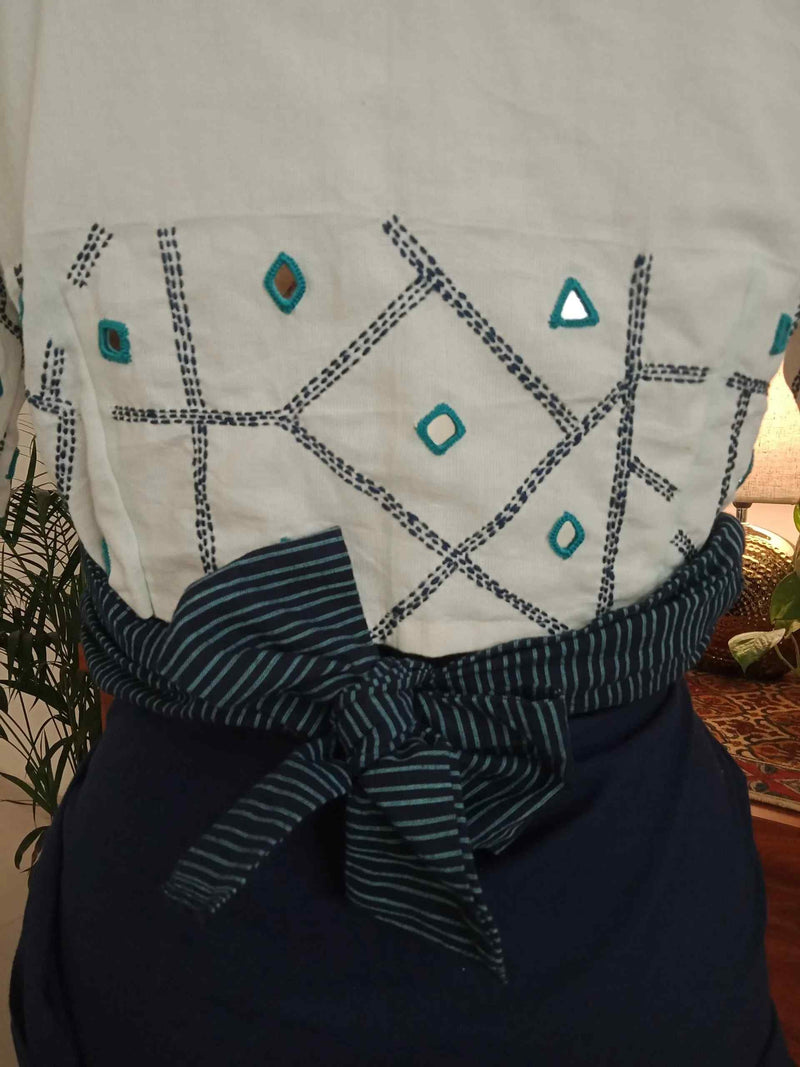 White Readymade Blouse with Kantha-Mirror Work | Godhuli
